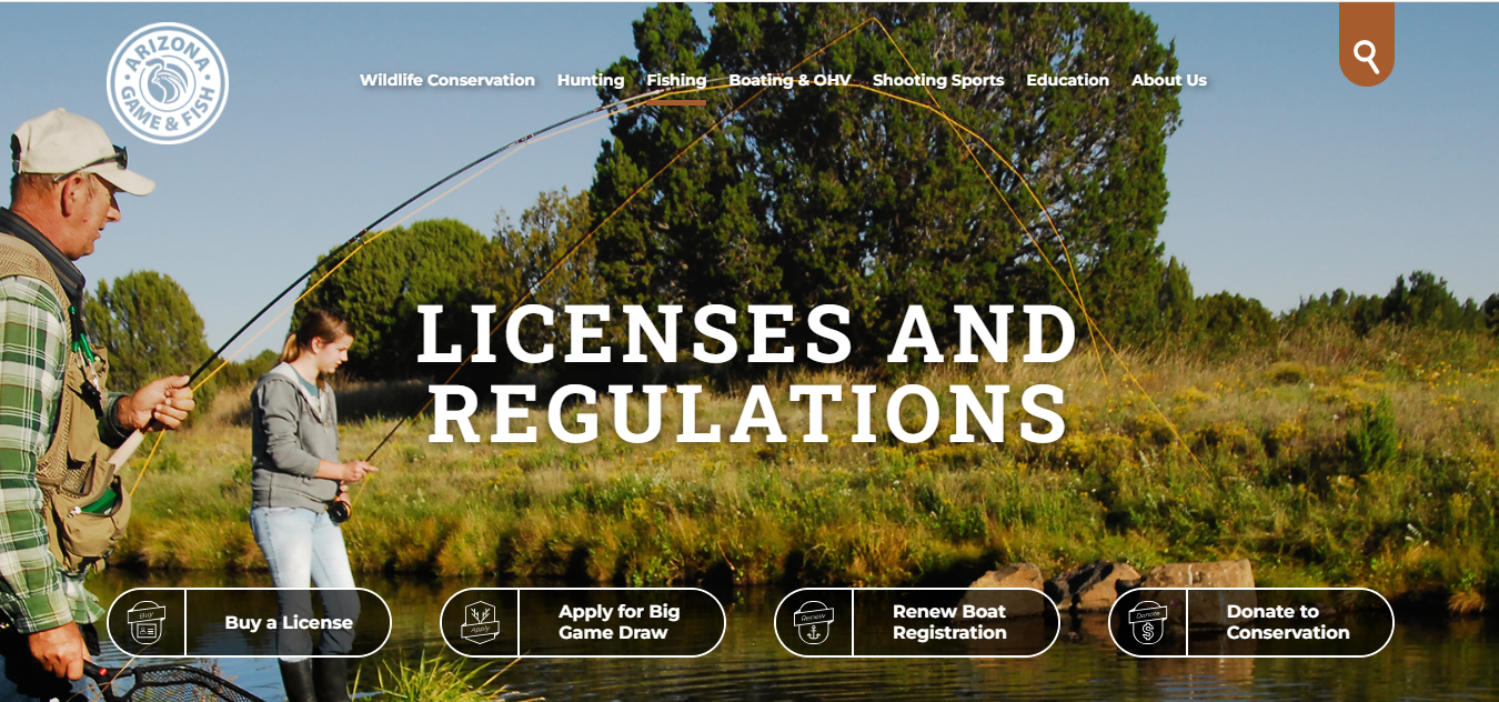 Official Arizona Game and Fish fishing license page showing 2026 license fees and buy online options