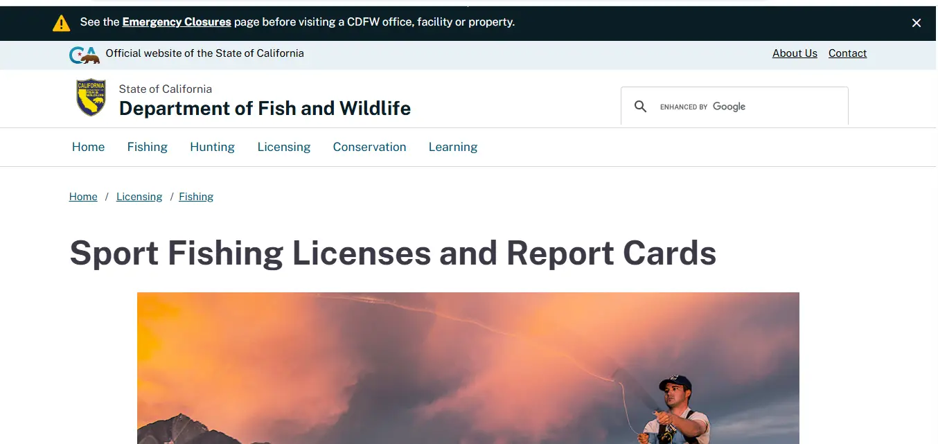 Official CDFW 2026 fishing license fee table showing California resident senior reduced fee and lifetime fishing license costs