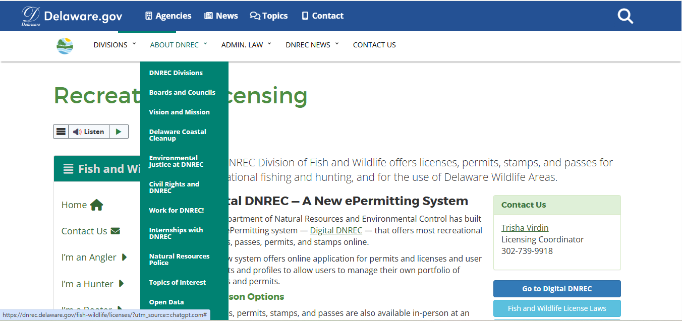 Official Delaware DNREC fishing license fee table showing resident, nonresident, 7-day, trout stamp, boat fishing and guide license fees