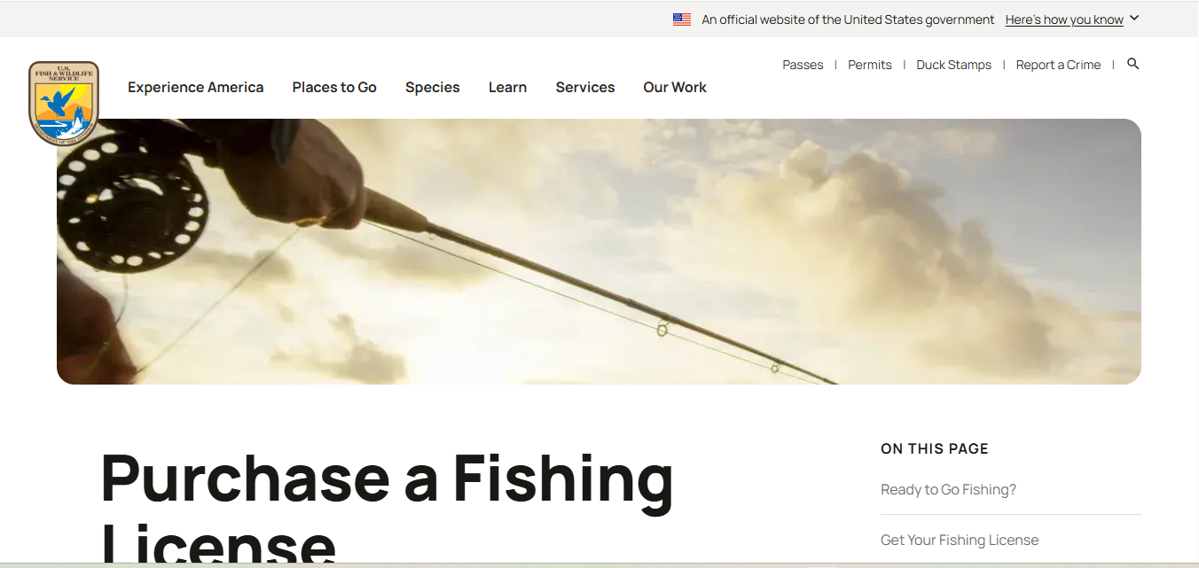 Official U.S. Fish and Wildlife Service fishing license page showing state-specific fishing license guidance