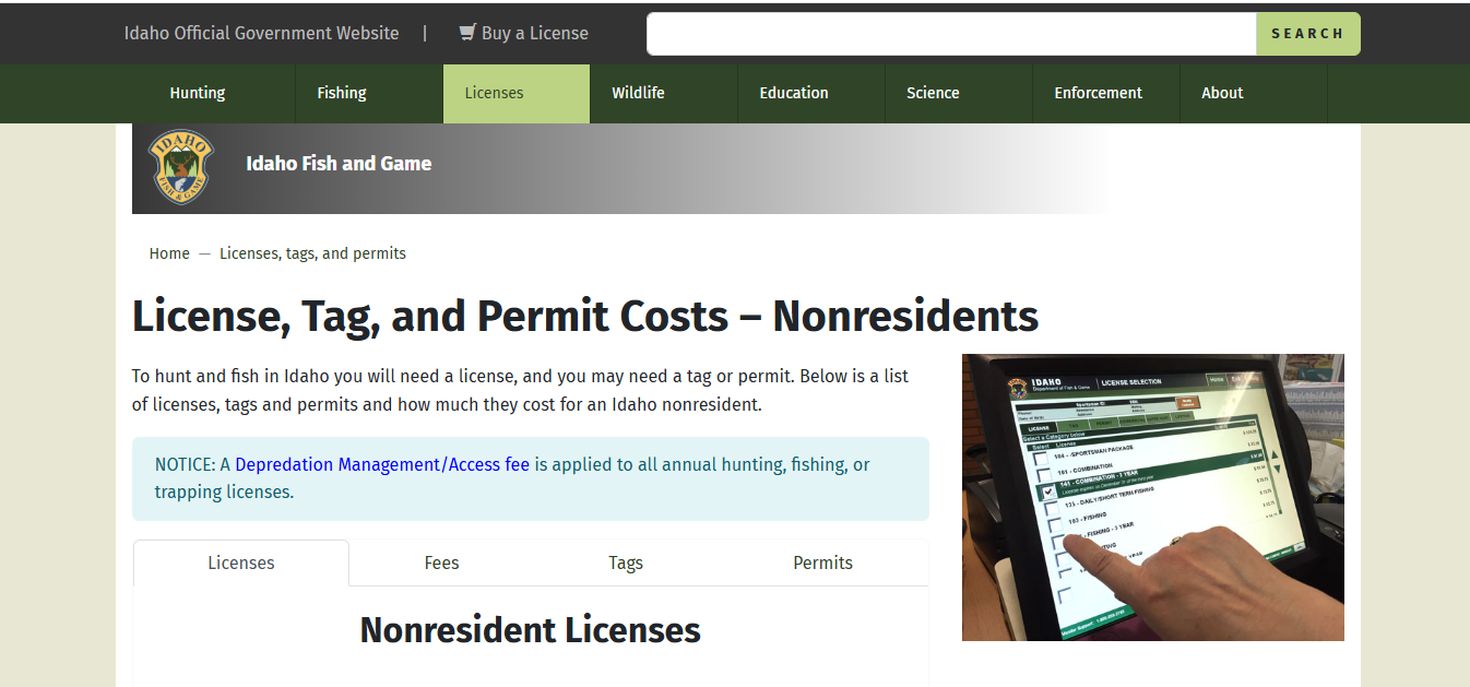 Official Idaho Fish and Game nonresident fishing license fee page showing Idaho non-resident fishing license costs
