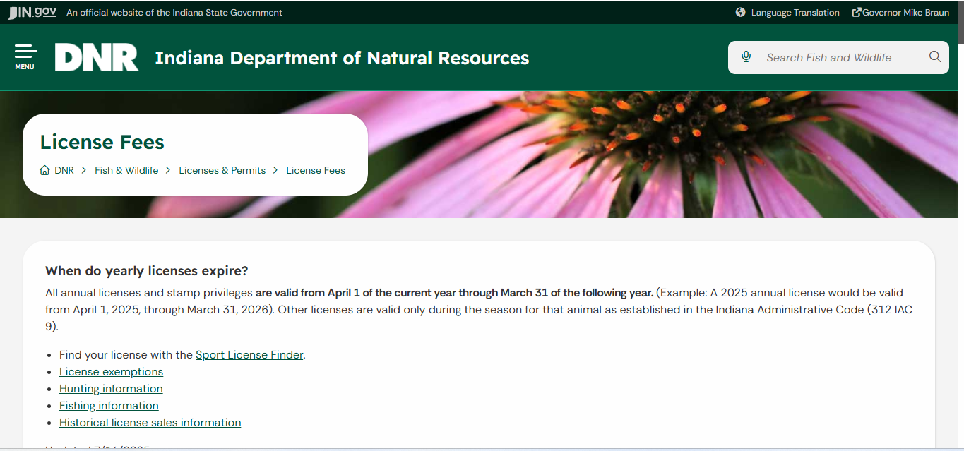 Indiana DNR official fishing license cost table showing resident, nonresident, senior, one-day and seven-day license fees