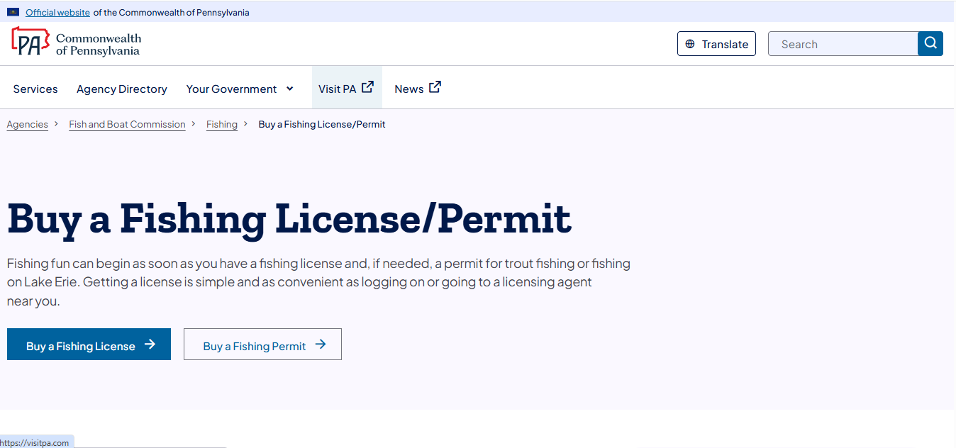 Official Pennsylvania Fish and Boat Commission 2026 fishing license cost table showing resident, nonresident, senior, tourist, trout permit and Lake Erie permit fees