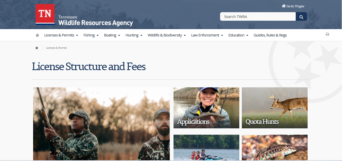 Official TWRA fishing license fee page showing Tennessee fishing license costs and Go Outdoors Tennessee purchase options for 2026