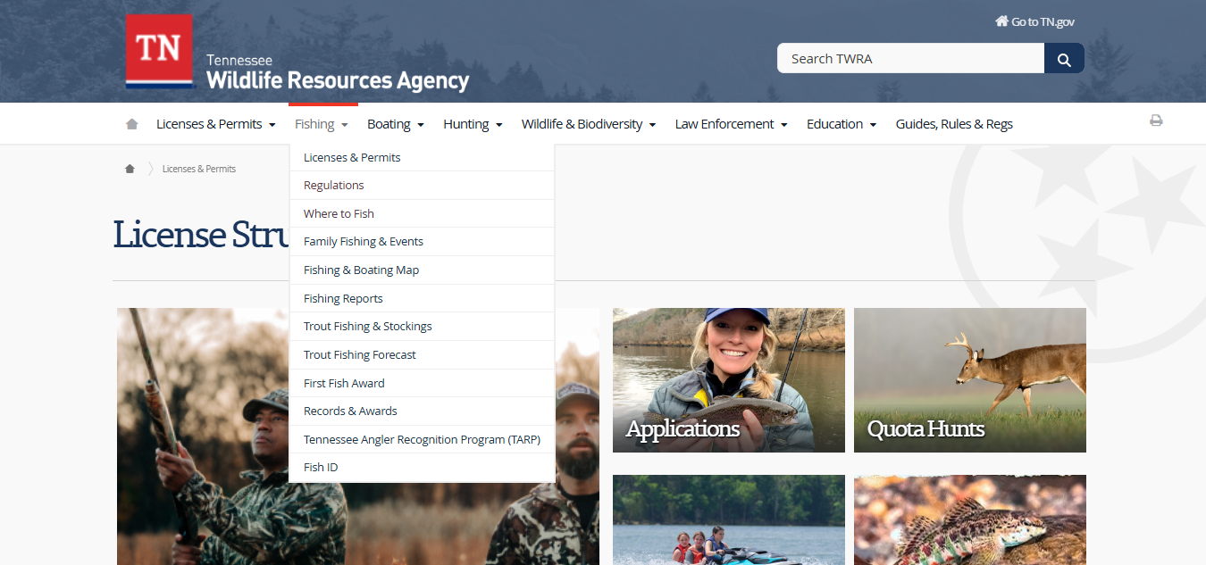 Official TWRA 2026 Tennessee nonresident fishing license fee table showing 3-day 10-day annual and trout license costs