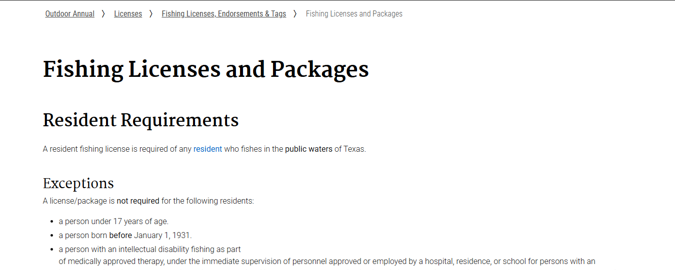 Official Texas Parks and Wildlife fishing license age rule showing that anglers under 17 do not need a Texas fishing license