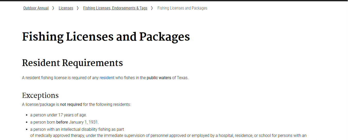 Official Texas Parks and Wildlife Department fishing license cost table showing resident, senior, nonresident, freshwater, saltwater and all-water package fees