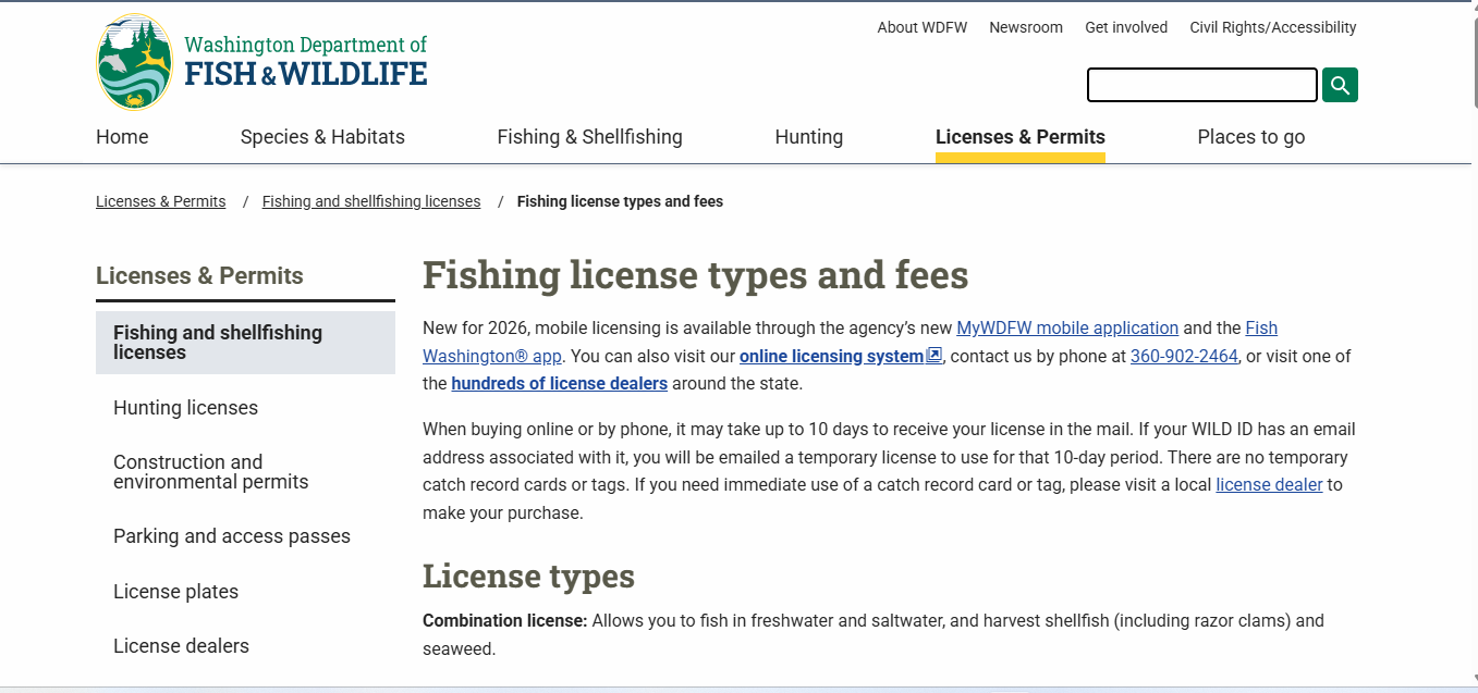 Official WDFW fishing license fee table showing Washington resident and nonresident license costs for 2026