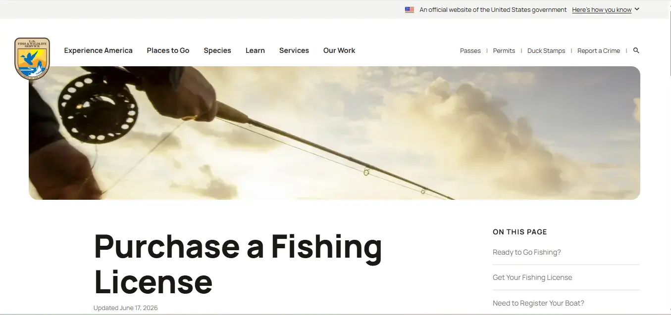 Official U.S. Fish and Wildlife Service fishing license page explaining state specific fishing license requirements