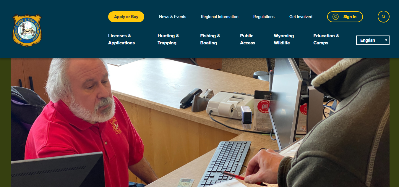 Wyoming Game and Fish official fishing license fee table showing resident, nonresident, youth, daily, five-day and annual fishing license costs